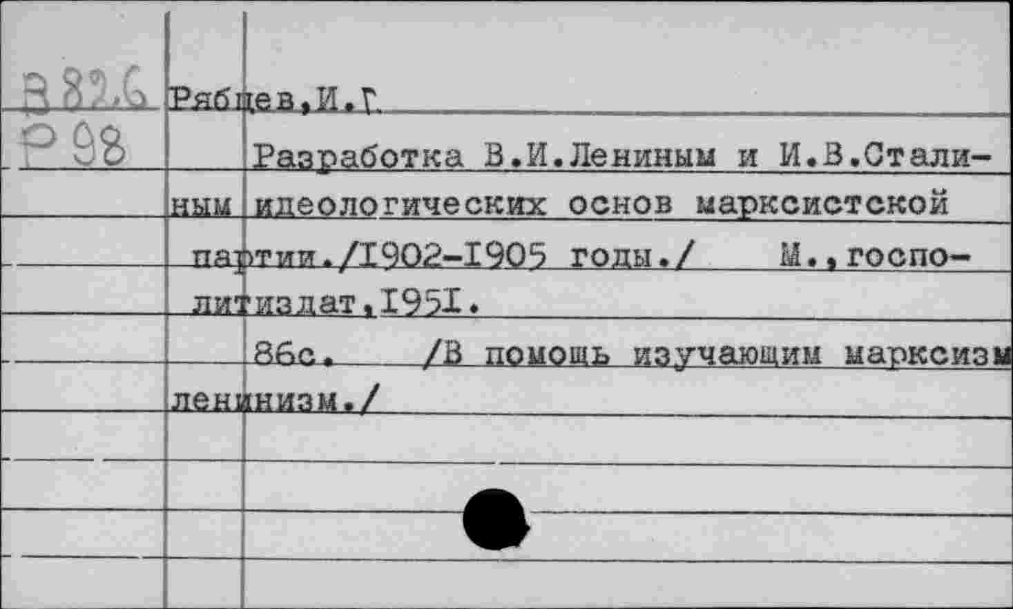 ﻿А	Ряб1	1ев»ИэГ,
раг		Разработка В.И.Лениным и И.В.Стали-
	яж	идеологических основ марксистской
	паз	ггупя./ТЧОг-ТЭОЪ годы./	М..ГОСПО-
	ЛИ1!	■издат.1951.
		86с.	/В помошь изучающим марксизм
		гнизм./
		
		
		
		